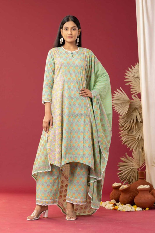 PHAGUN MINT GREEN BLOCK PRINTED COTTON CAMBRIC HIGH LOW KURTA WITH PLAZZO SET OF 3