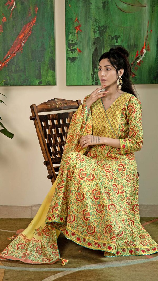 Masakali Yellow Hand Block Printed Anarkali with Gotta Lace Work