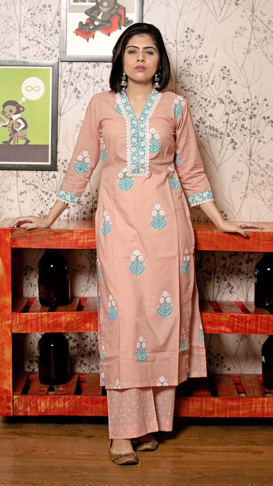 Ruh Old Rose Pink Hand Block Printed Straight Kurta with Lace Finish