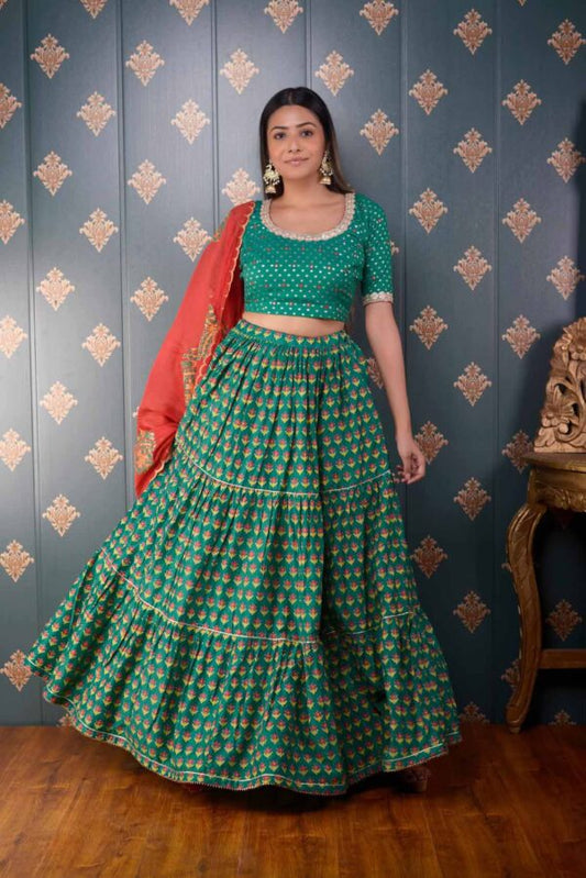 Jashan Green Block Printed Cotton Silk Lehenga Set