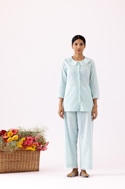 GULMEHER AQUA KHADI PRINT COTTON LOUNGE WEAR SET OF 2