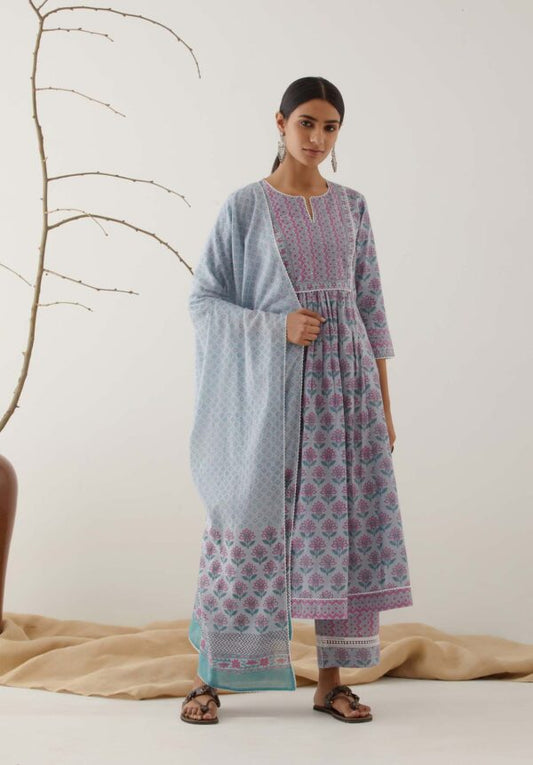 Gulal Powder Blue Handblock Printed Kurta with Lace Finish