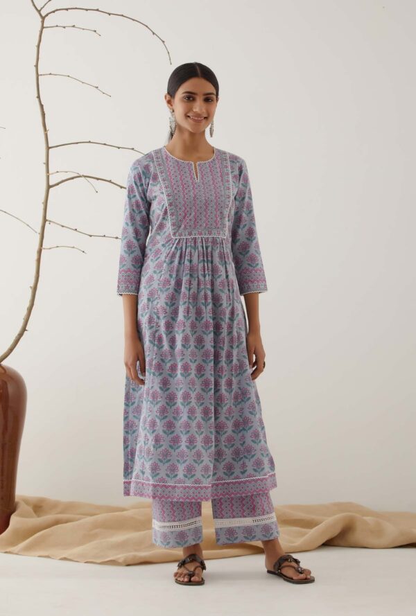 Gulal Powder Blue Handblock Printed Kurta with Lace Finish