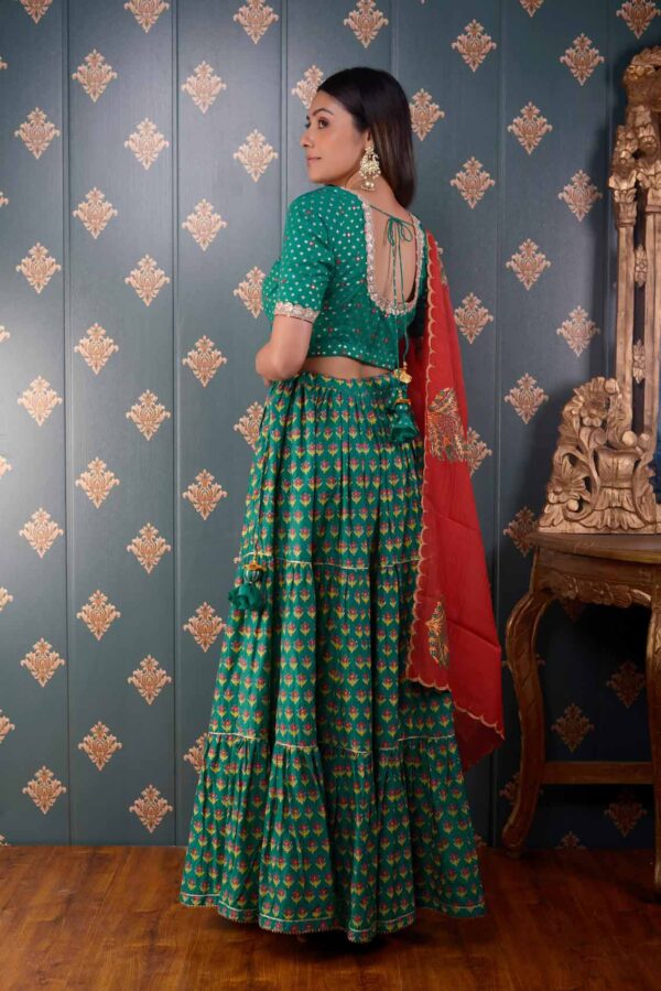 Jashan Green Block Printed Cotton Silk Lehenga Set