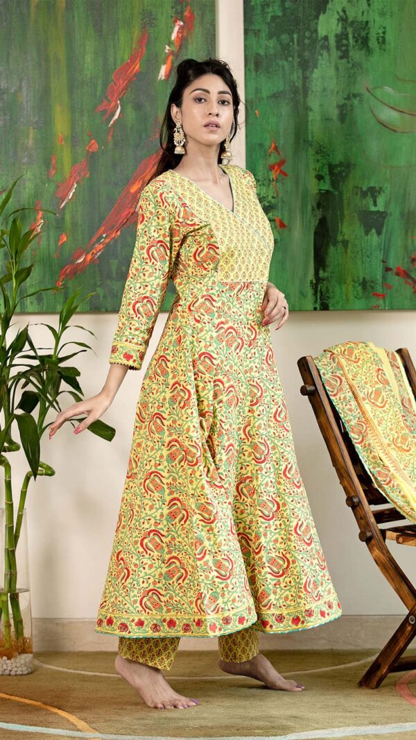 Masakali Yellow Hand Block Printed Anarkali with Gotta Lace Work