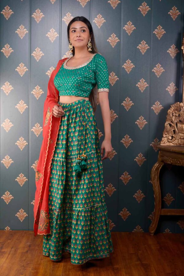 Jashan Green Block Printed Cotton Silk Lehenga Set