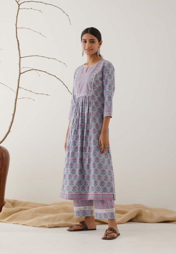 Gulal Powder Blue Handblock Printed Kurta with Lace Finish