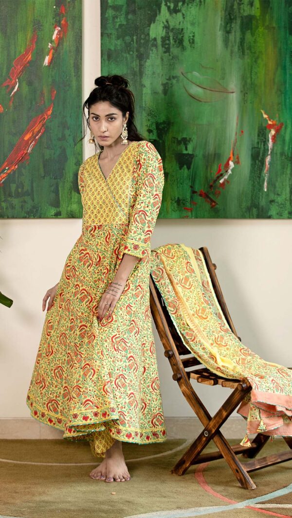 Masakali Yellow Hand Block Printed Anarkali with Gotta Lace Work