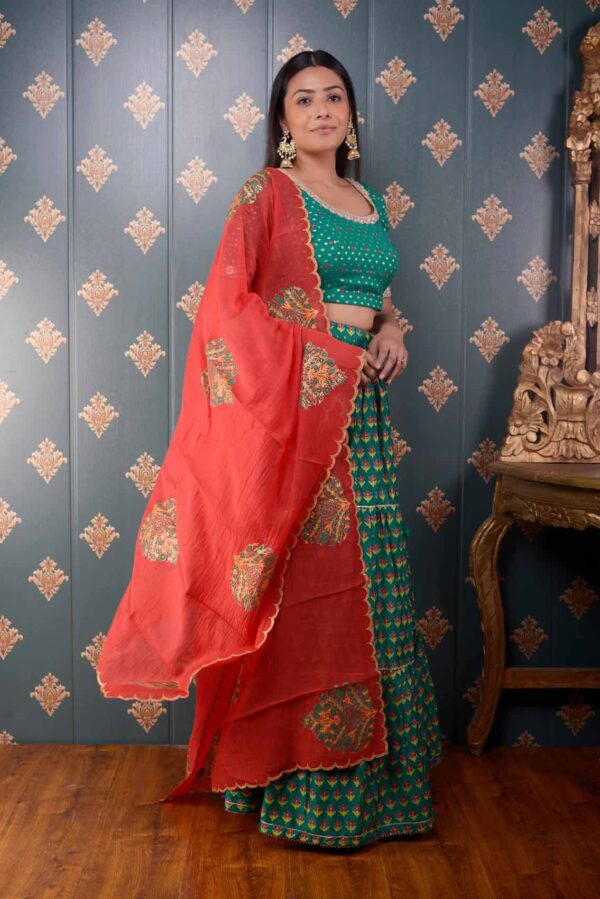 Jashan Green Block Printed Cotton Silk Lehenga Set