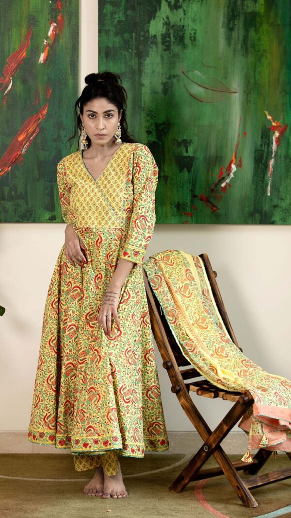 Masakali Yellow Hand Block Printed Anarkali with Gotta Lace Work