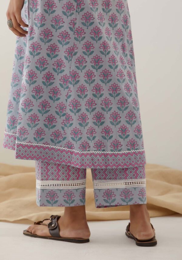 Gulal Powder Blue Handblock Printed Kurta with Lace Finish