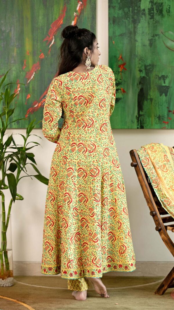 Masakali Yellow Hand Block Printed Anarkali with Gotta Lace Work