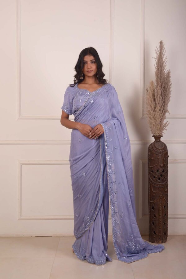 RIMJHIM POWDER BLUE MIRROR EMBROIDERY BLOUSE AND READY TO WEARE SAREE SET OF 2