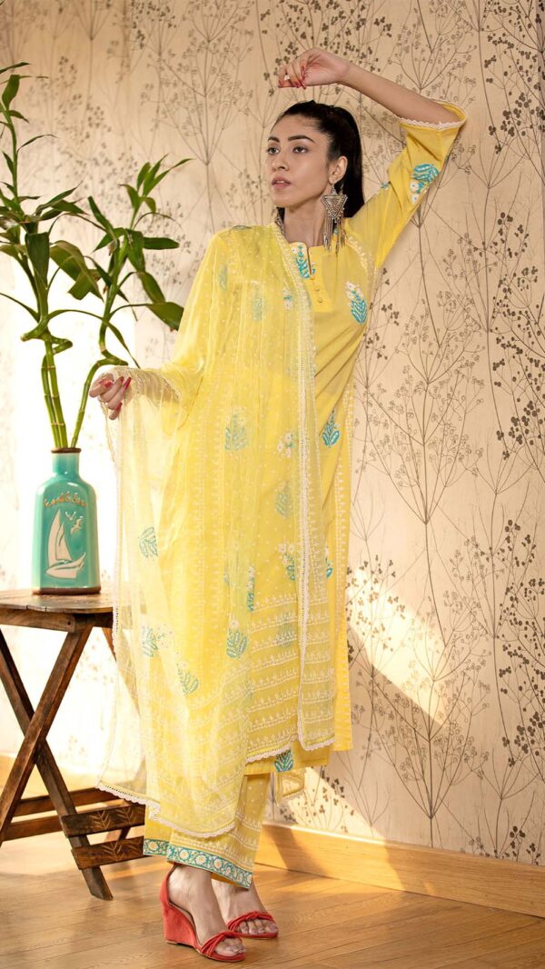 Ruh Yellow Hand Block Printed Straight Kurta Pottli Neck with Lace Finish