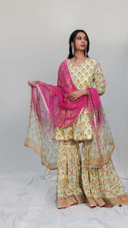 MAKHMAL YELLOW GARARA SET