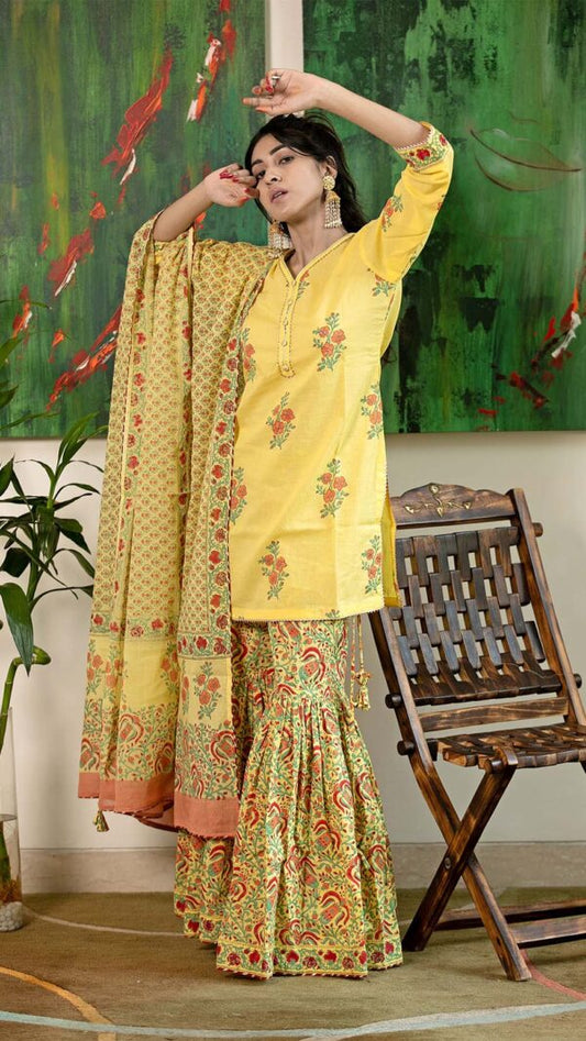 Masakali Yellow Hand Block Printed Garara with Gotta Lace Work