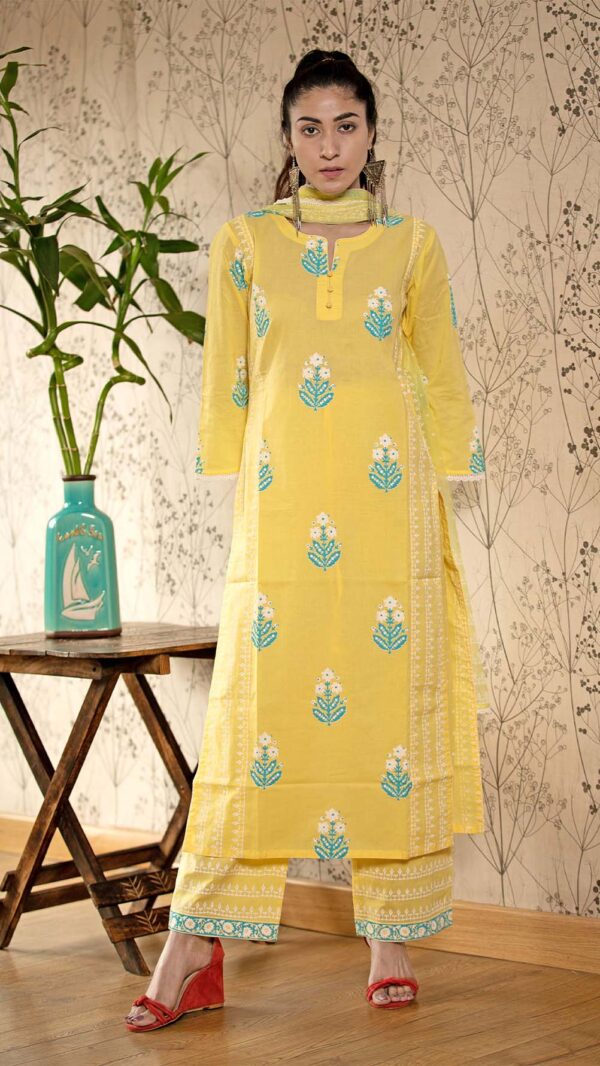 Ruh Yellow Hand Block Printed Straight Kurta Pottli Neck with Lace Finish