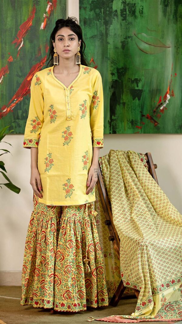 Masakali Yellow Hand Block Printed Garara with Gotta Lace Work