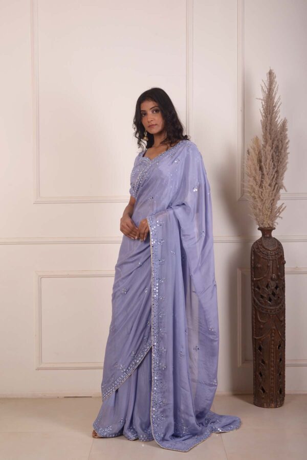 RIMJHIM POWDER BLUE MIRROR EMBROIDERY BLOUSE AND READY TO WEARE SAREE SET OF 2