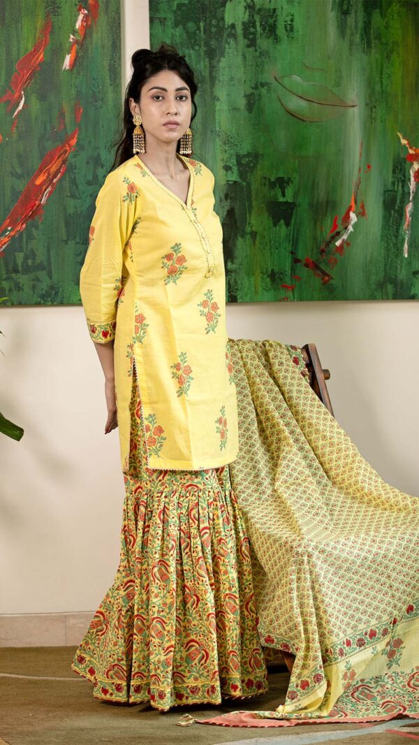 Masakali Yellow Hand Block Printed Garara with Gotta Lace Work