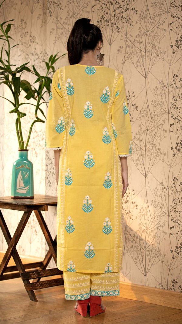 Ruh Yellow Hand Block Printed Straight Kurta Pottli Neck with Lace Finish