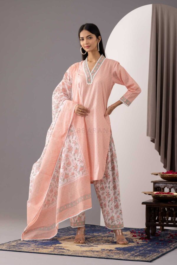 PHAGUN OLD ROSE PINK BLOCK PRINTED COTTON CAMBRIC KURTA WITH SALWAR SET OF 3