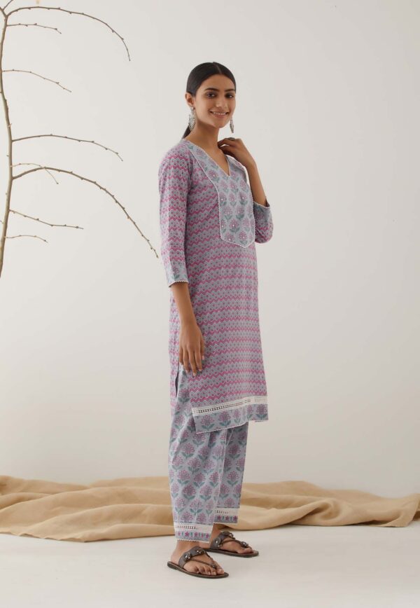 Gulal Powder Blue Handblock Printed Salwar Kurta with Lace Finish