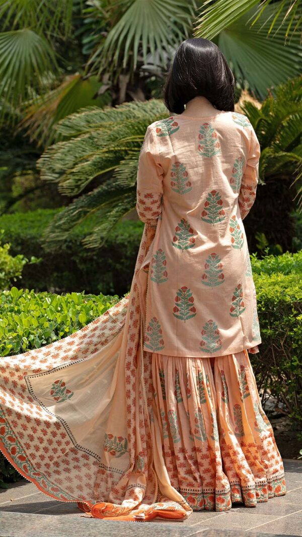 Bahar Orange Hand Block Printed Short Kurta Garara with Gotta Lace Work