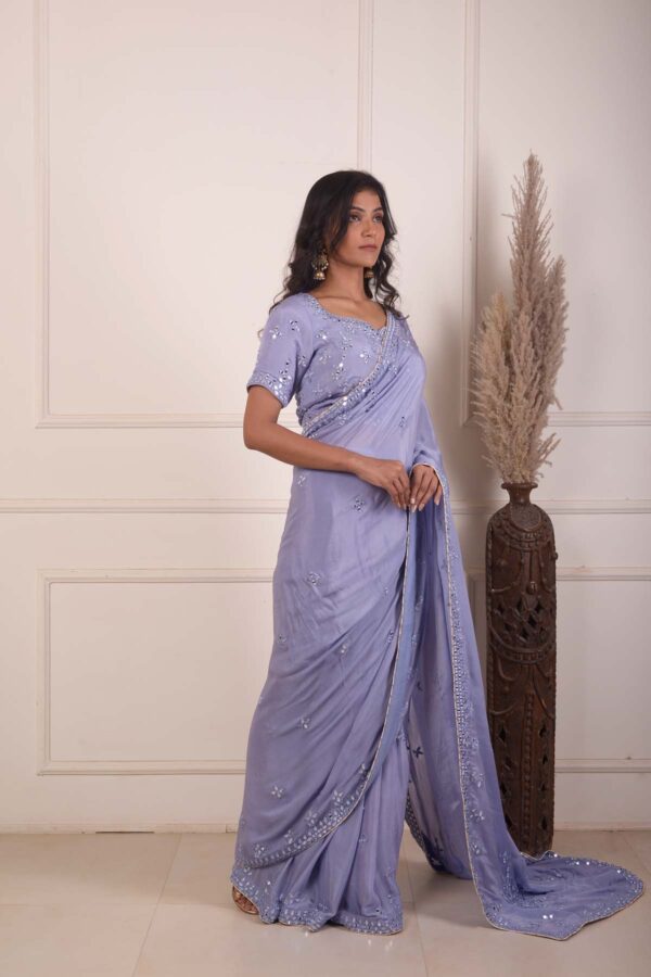 RIMJHIM POWDER BLUE MIRROR EMBROIDERY BLOUSE AND READY TO WEARE SAREE SET OF 2