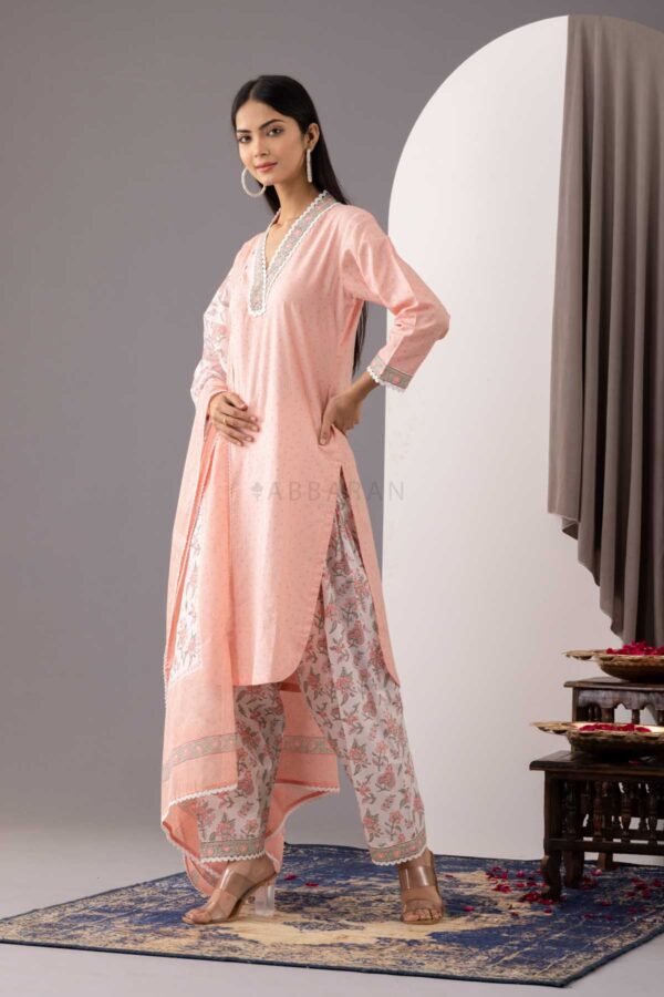 PHAGUN OLD ROSE PINK BLOCK PRINTED COTTON CAMBRIC KURTA WITH SALWAR SET OF 3