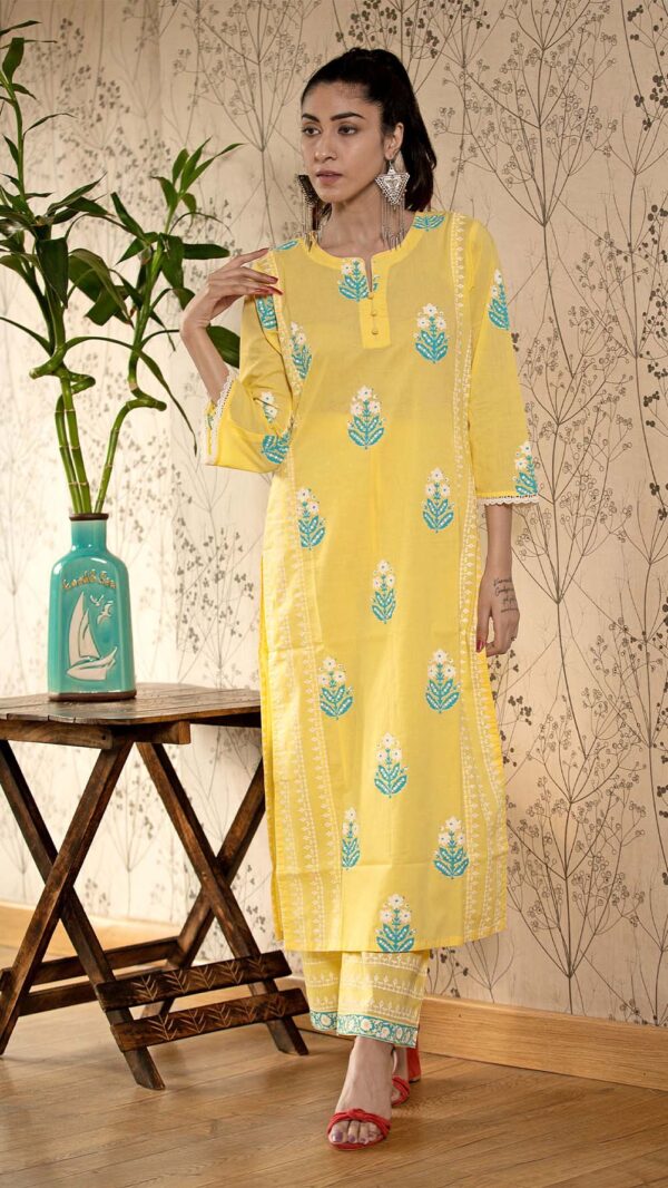 Ruh Yellow Hand Block Printed Straight Kurta Pottli Neck with Lace Finish