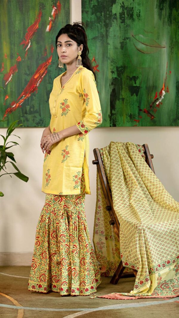 Masakali Yellow Hand Block Printed Garara with Gotta Lace Work