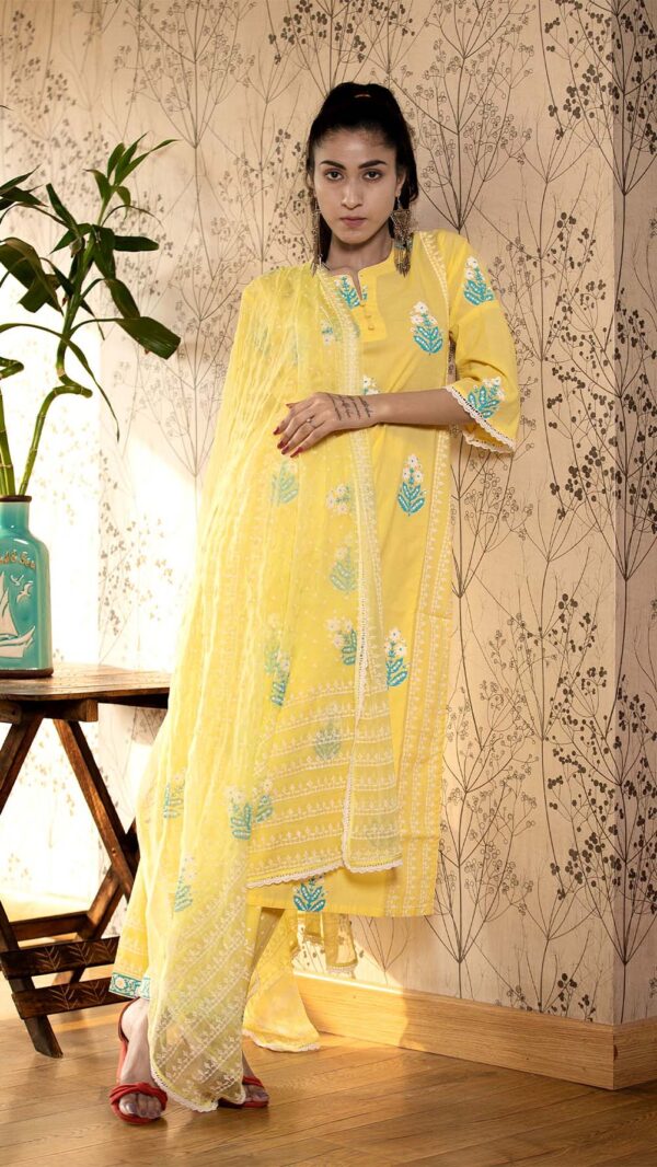 Ruh Yellow Hand Block Printed Straight Kurta Pottli Neck with Lace Finish