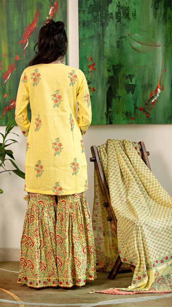 Masakali Yellow Hand Block Printed Garara with Gotta Lace Work