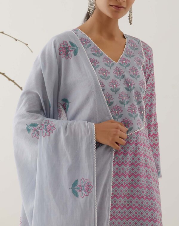 Gulal Powder Blue Handblock Printed Salwar Kurta with Lace Finish