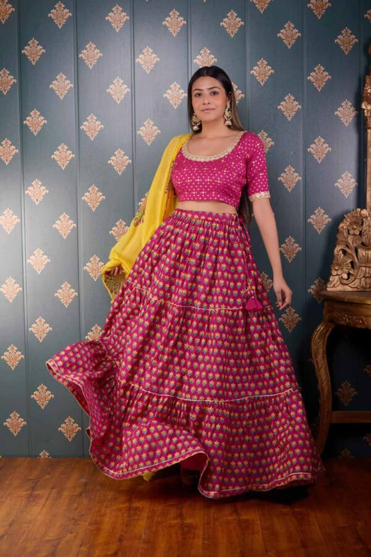 Jashan Megenta Block Printed Cotton Silk Lehenga Set