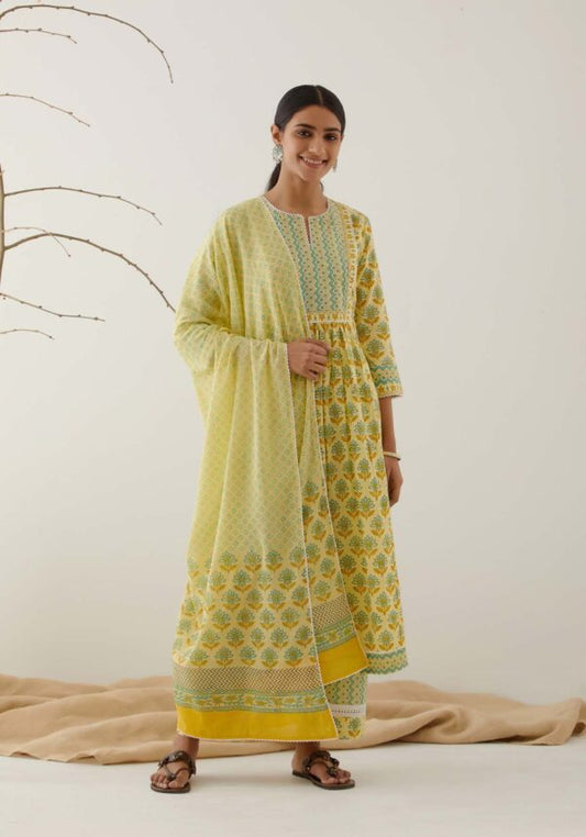 Gulal Yellow Handblock Printed Gathered Kurta with Lace Finish