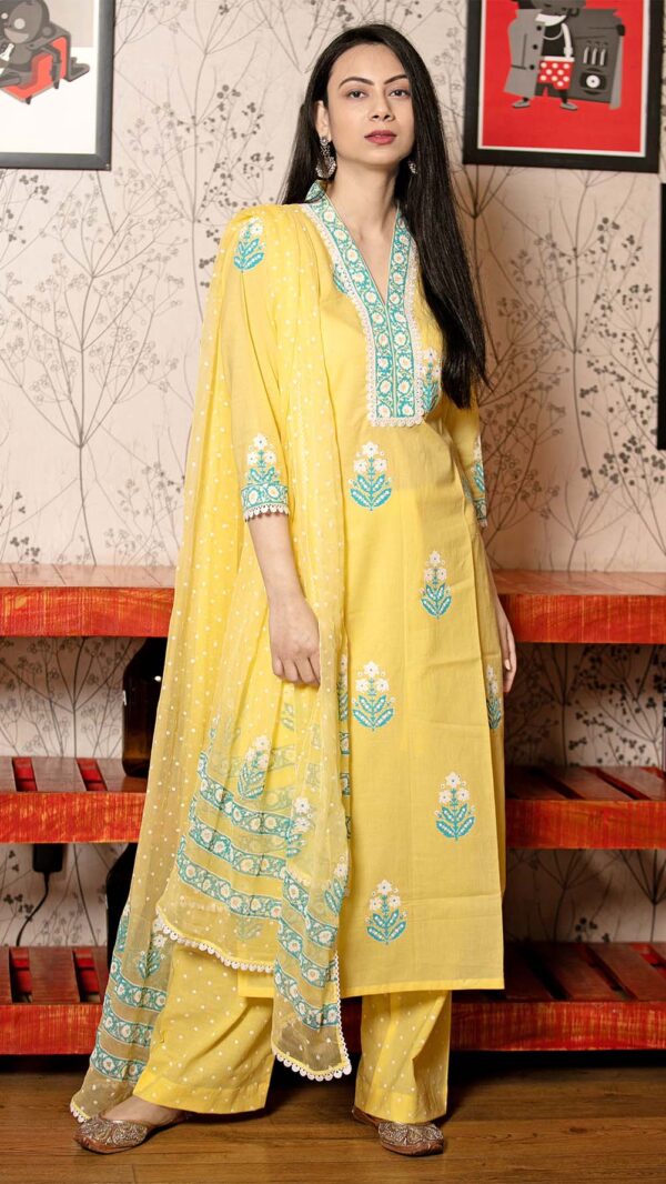 Ruh Yellow Hand Block Printed Straight Kurta with Lace Finish