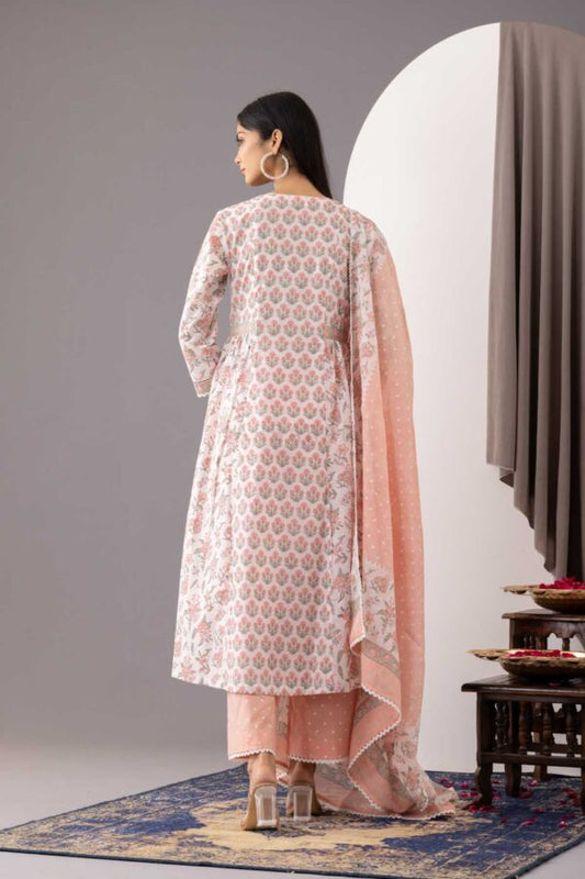 PHAGUN OLD ROSE PINK BLOCK PRINTED COTTON CAMBRIC A-LINE KURTA WITH PLAZZO SET OF 3