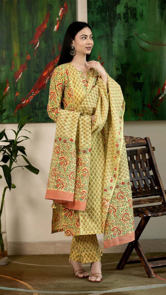 Masakali Yellow Hand Block Printed Straight Kurta with Gotta Lace Work