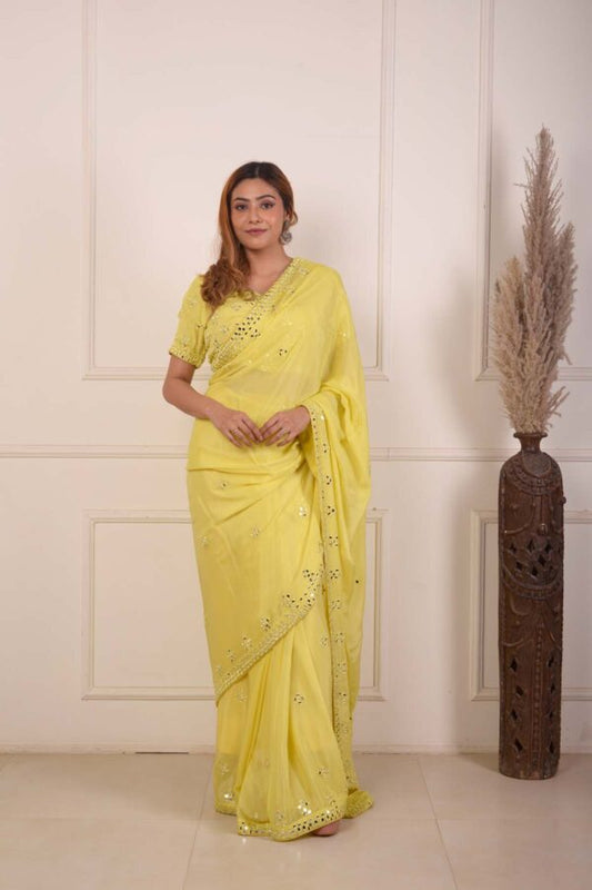 RIMJHIM YELLOW MIRROR EMBROIDERY BLOUSE AND READY TO WEARE SAREE SET OF 2