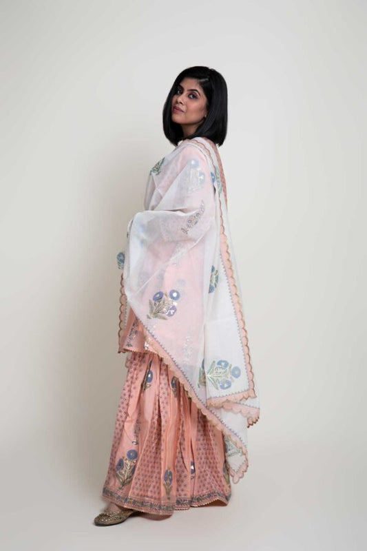 Foil Printed Flaired Kurta With Garara and Chandary Foil Printed Ivory Scalping Dupatta