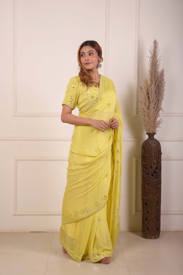 RIMJHIM YELLOW MIRROR EMBROIDERY BLOUSE AND READY TO WEARE SAREE SET OF 2