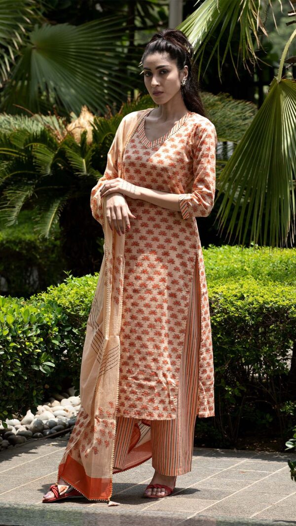 Bahar Orange Hand Block Printed Straight Kurta with Gotta Lace Work and Strip Plazzo