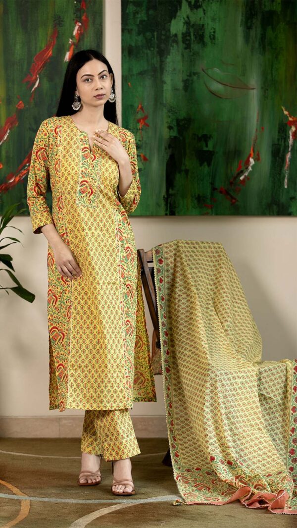 Masakali Yellow Hand Block Printed Straight Kurta with Gotta Lace Work