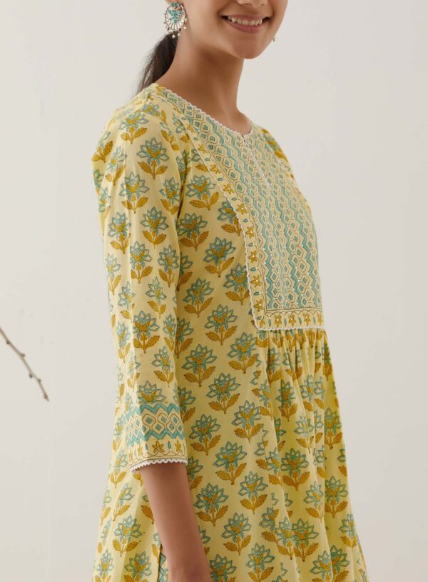 Gulal Yellow Handblock Printed Gathered Kurta with Lace Finish