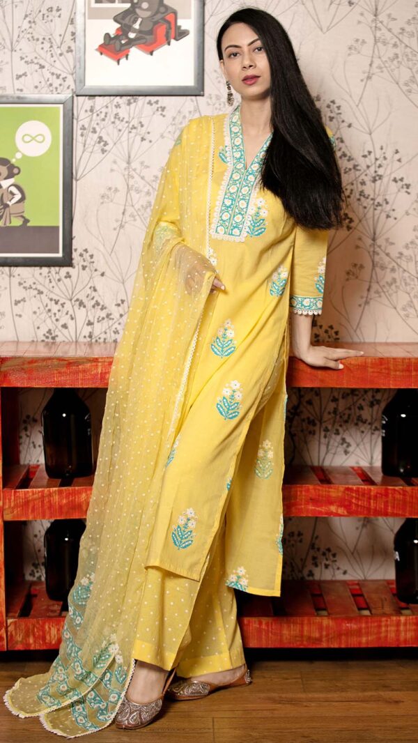 Ruh Yellow Hand Block Printed Straight Kurta with Lace Finish