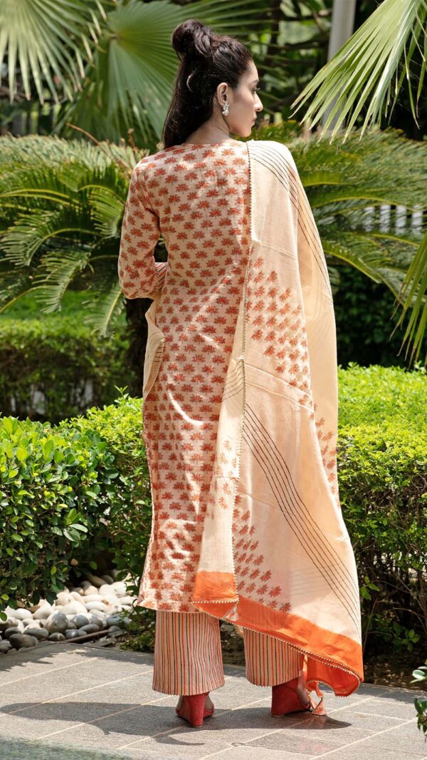 Bahar Orange Hand Block Printed Straight Kurta with Gotta Lace Work and Strip Plazzo