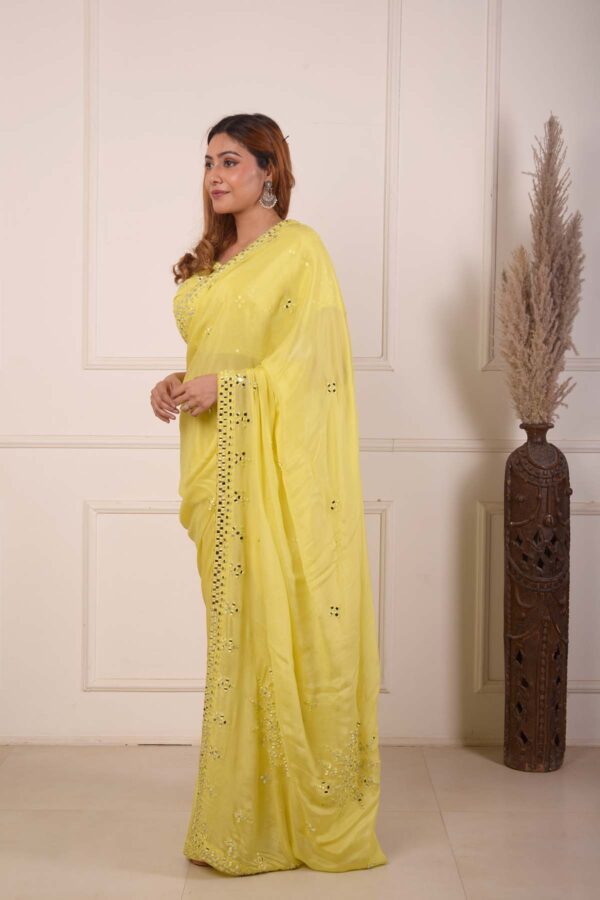 RIMJHIM YELLOW MIRROR EMBROIDERY BLOUSE AND READY TO WEARE SAREE SET OF 2