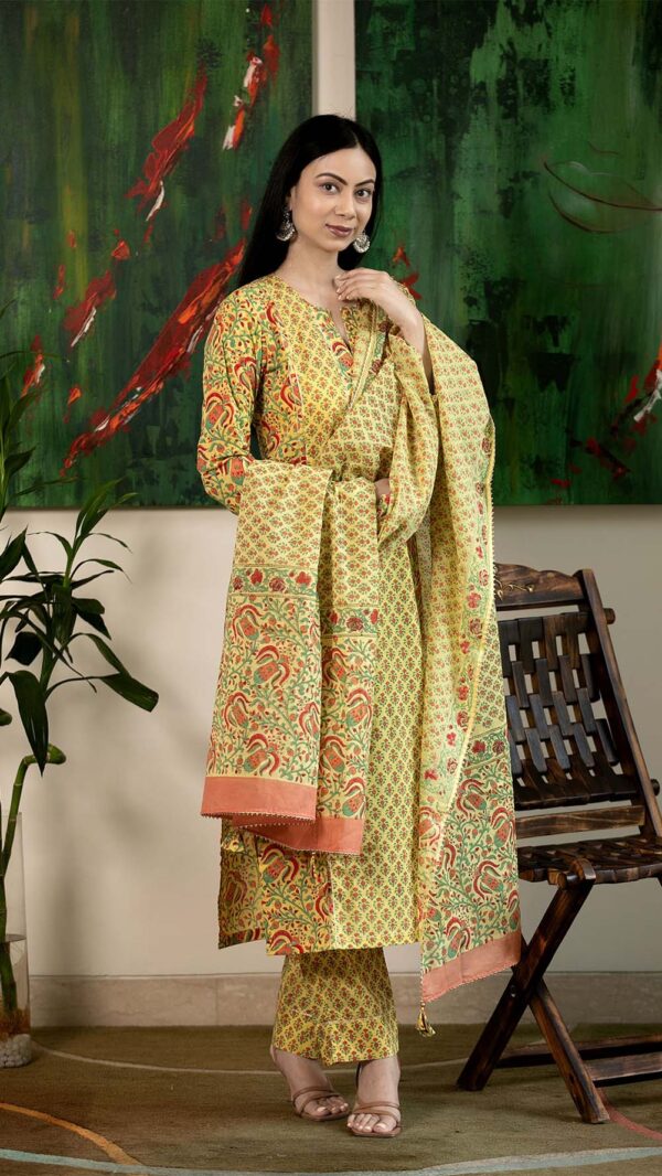 Masakali Yellow Hand Block Printed Straight Kurta with Gotta Lace Work